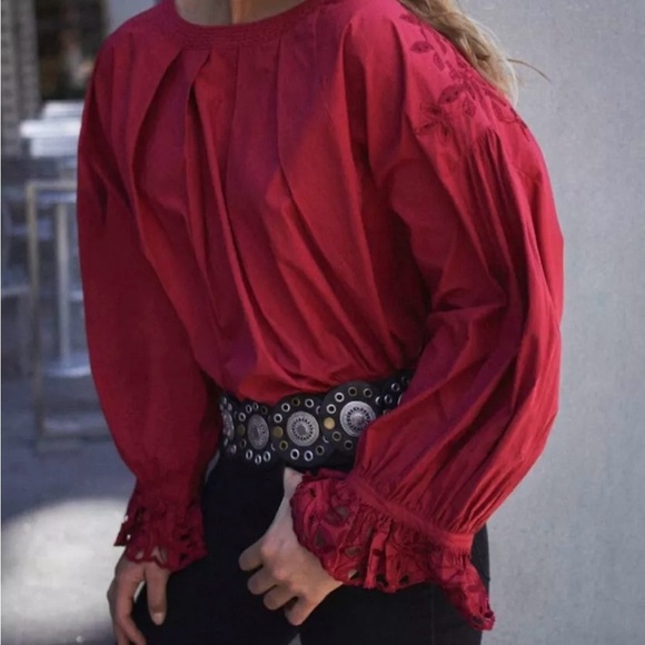 Free People Embroidered Cuff Red Wishing Well Top Boho Hippie Western Sz M - Picture 1 of 14